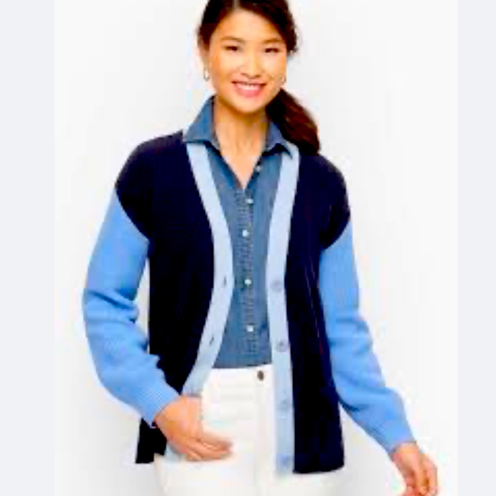 Talbots Shaker Stitch Cadigan Color Block style Large Petite New!